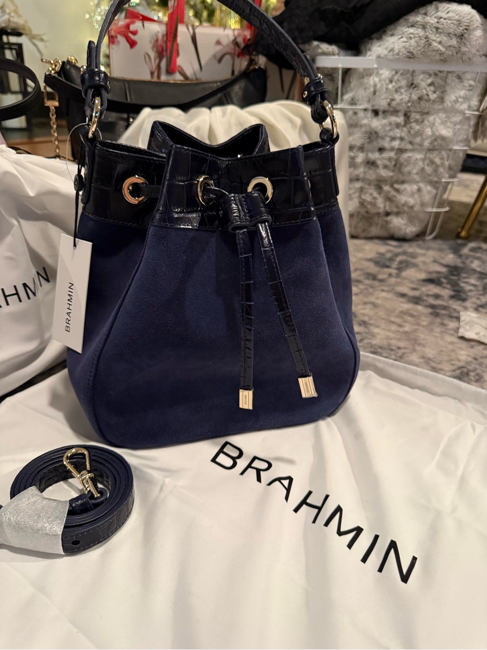 Brahmin Navy Suede & Croc-Trim Drawstring Bucket Hobo